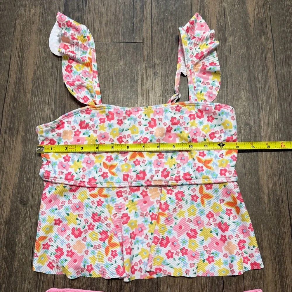 Girls' Pink Red Floral Tankini Set Two-Piece Swimwear Ruffle Straps Stretch 14
